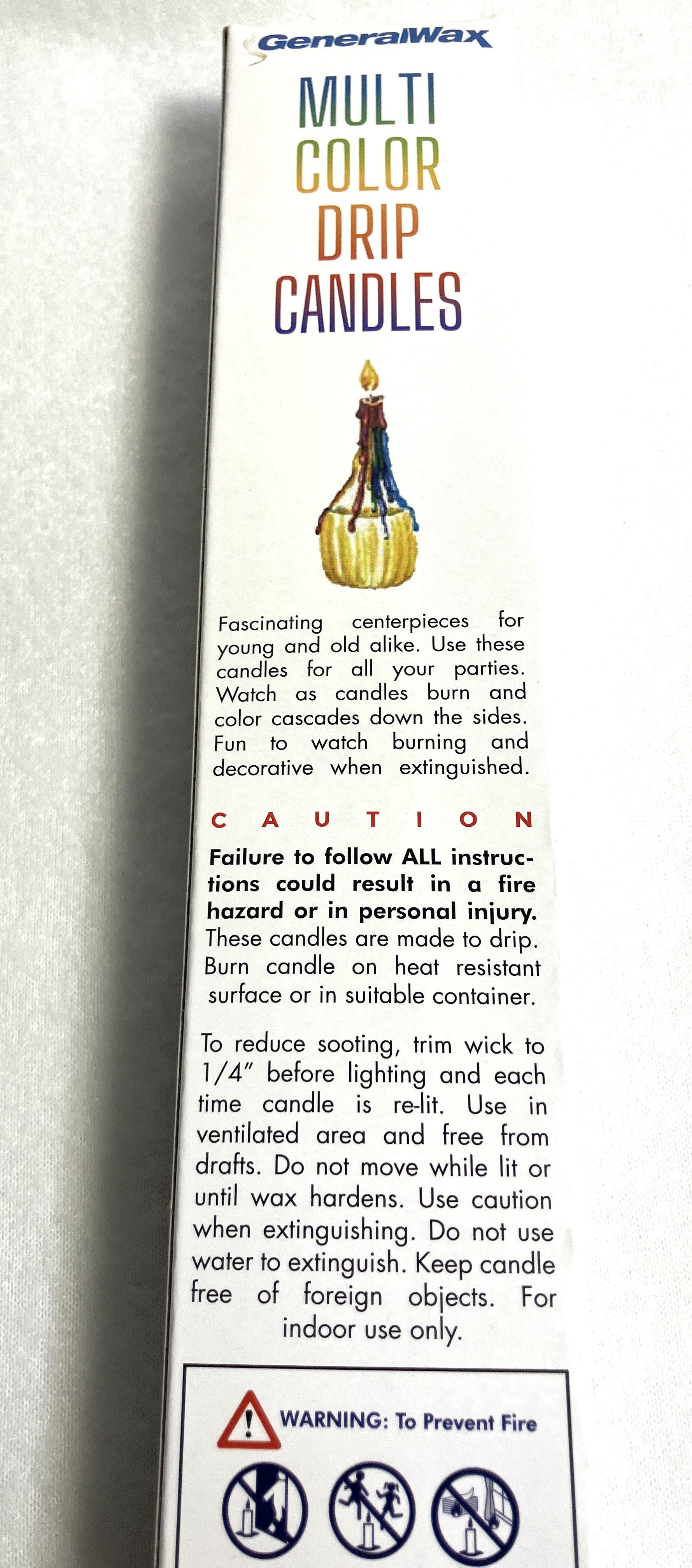 The backside of Multi Color Drip Candle boxes