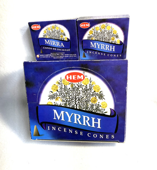 Master carton and two boxes of HEM Myrrh Incense Cones shown on a white background