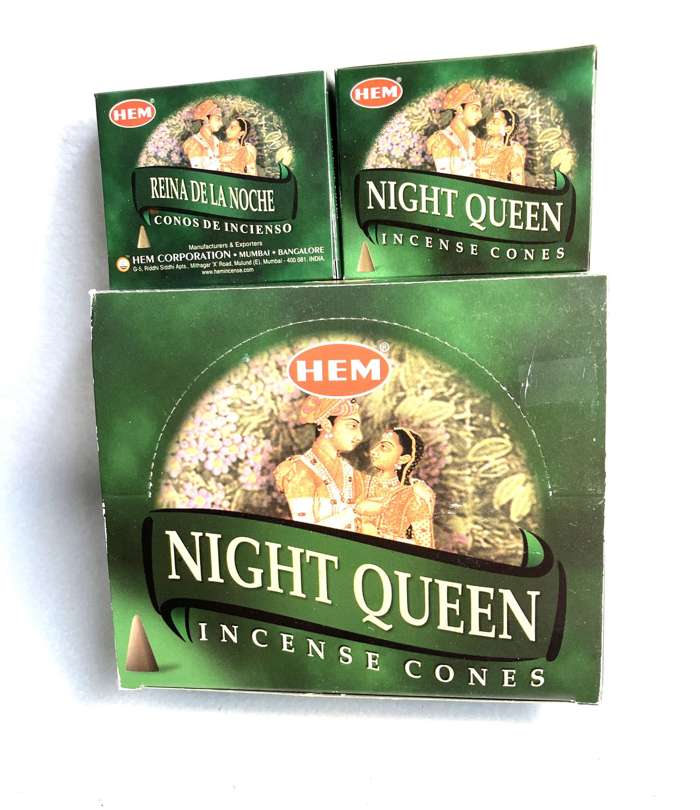 Master carton and two boxes of HEM Night Queen incense cones shown on a white background
