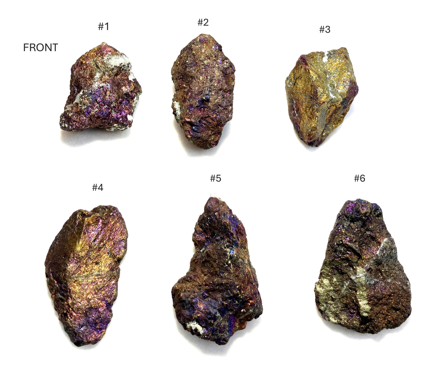 Six Peacock Ore specimens labeled #1 to #6 on a white background Front view