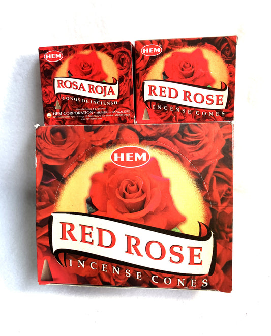 Master carton and two boxes of HEM Red Rose Incense Cones shown on a white background