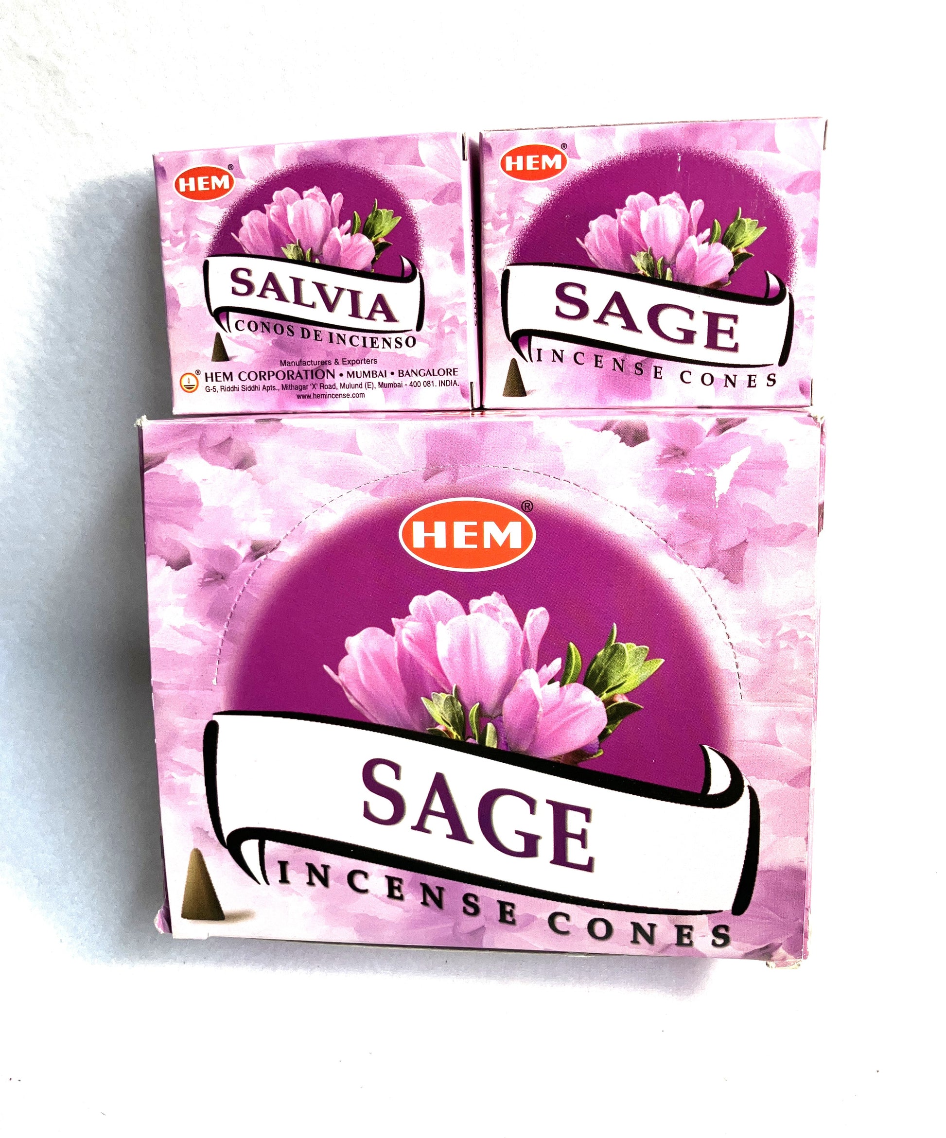 Master carton and two boxes of HEM Sage Incense Cones shown on a white background