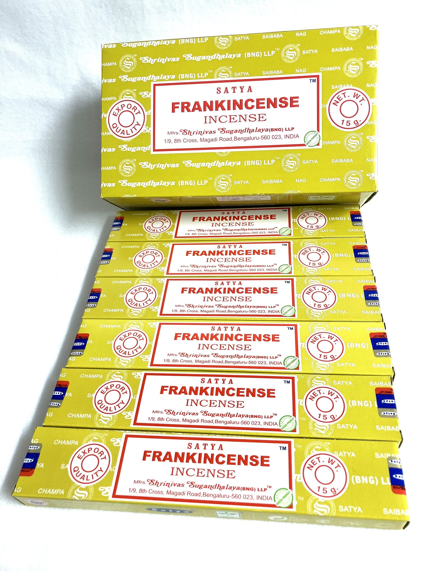 Multiple boxes of Satta Frankincense Incense on a white background