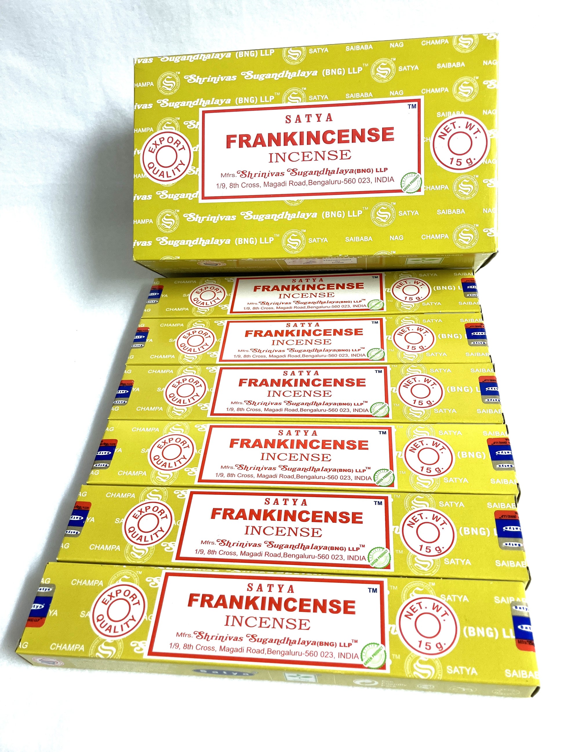 Multiple boxes of Satta Frankincense Incense on a white background