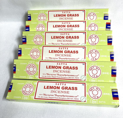 Multiple boxes of Satya Lemon Grass Incense on a light gray background