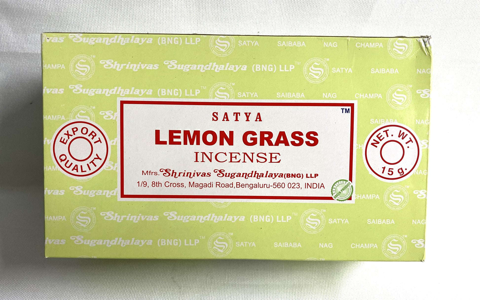 Box of Satya Lemon Grass incense with green and red design on a white background