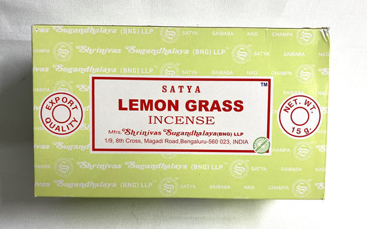 Box of Satya Lemon Grass incense with green and red design on a white background