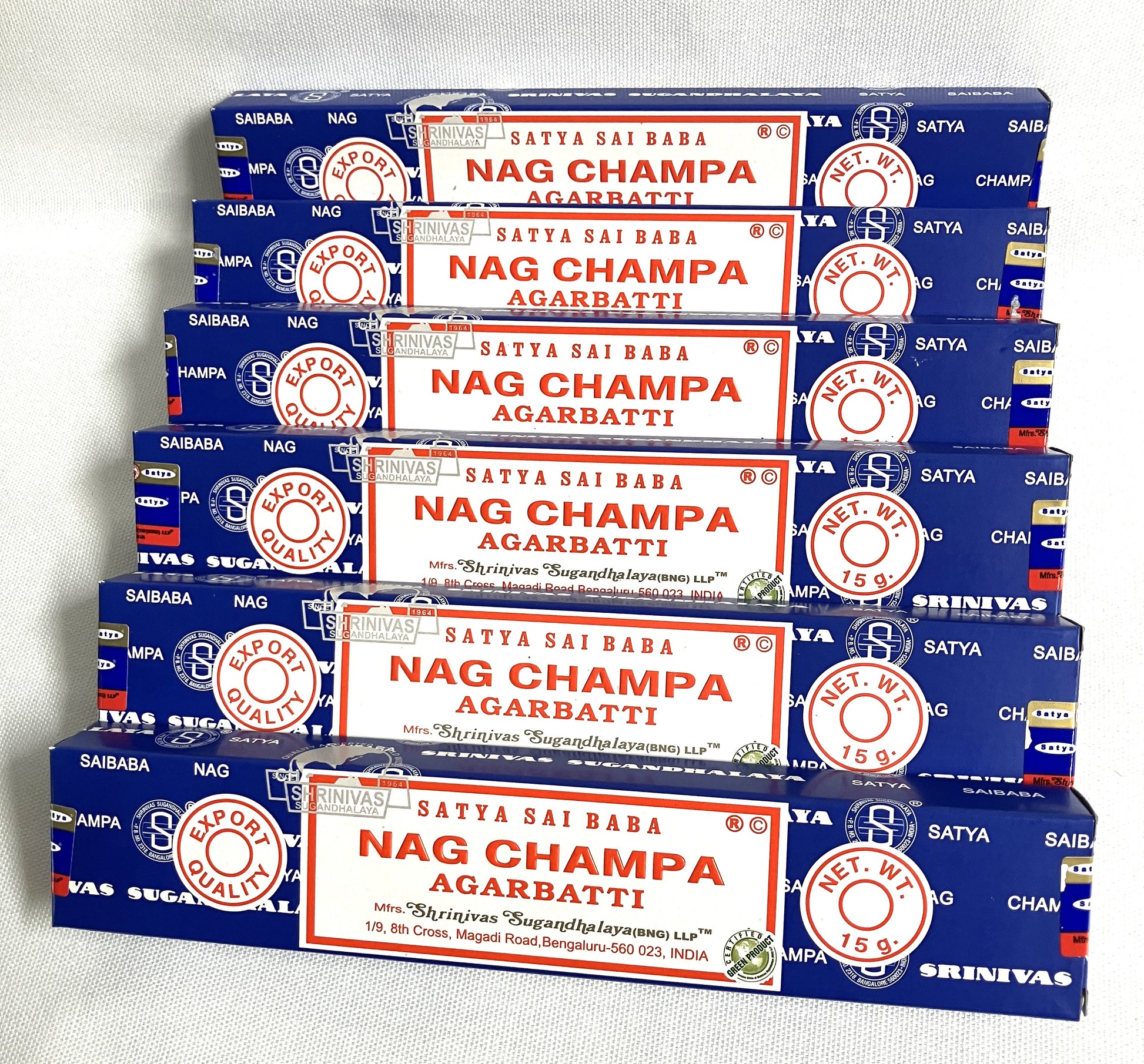 Multiple boxes of Satya Nag Champa Agarbatti on a white background