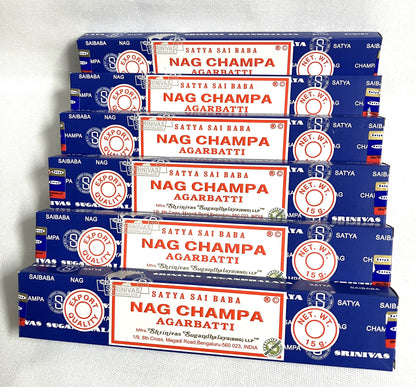 Multiple boxes of Satya Nag Champa Agarbatti on a white background