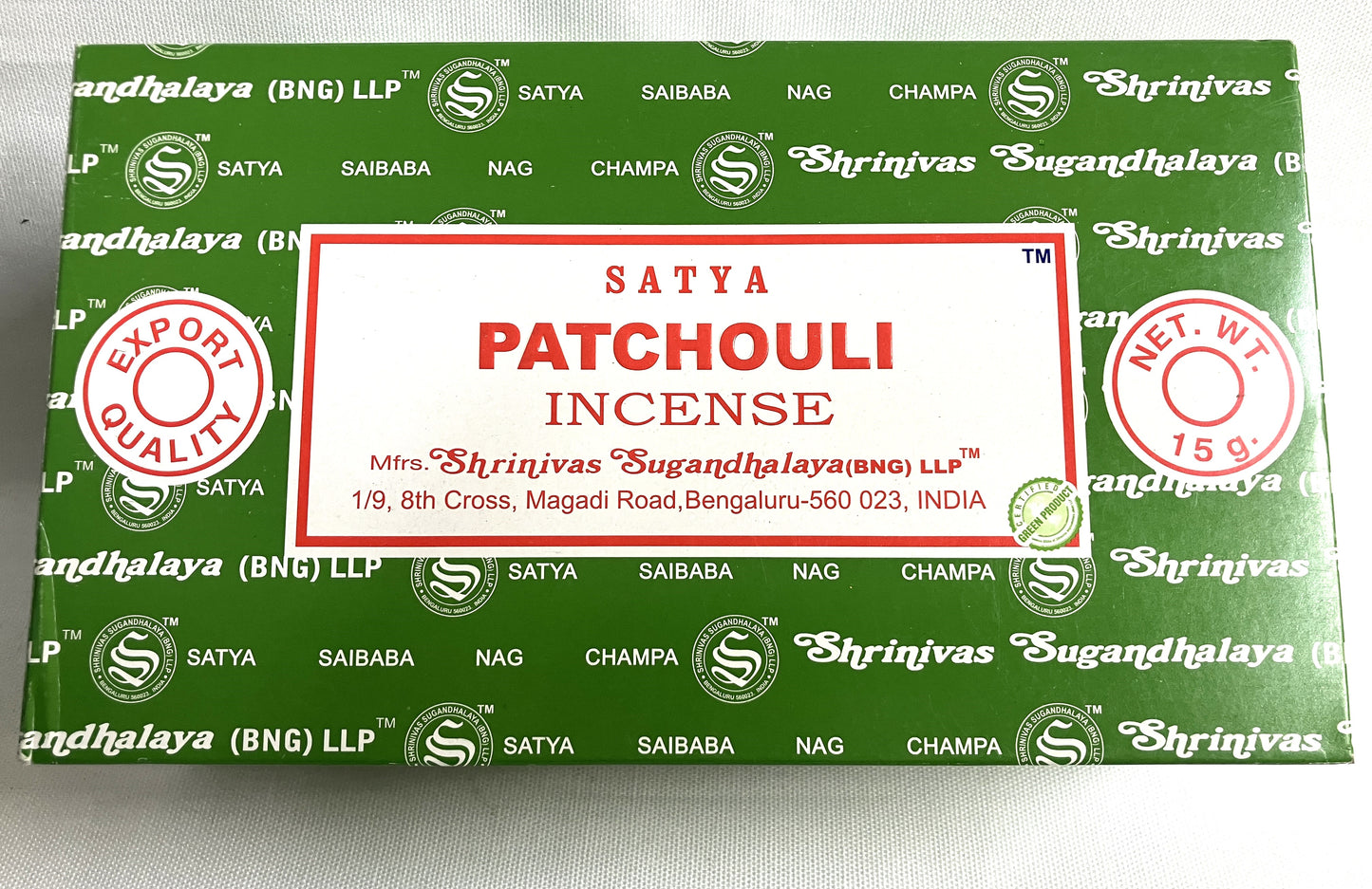 Box of Satya Patchouli Incense with green and white design