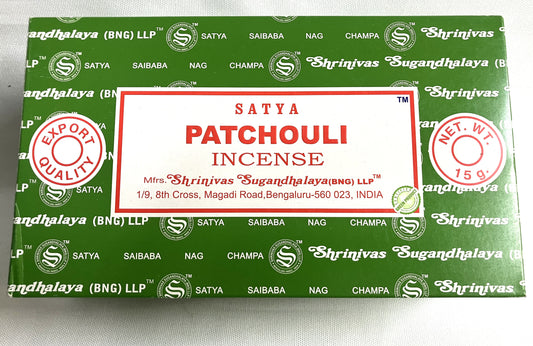 Box of Satya Patchouli Incense with green and white design