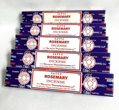 Multiple boxes of Satya Rosemary Incense on a white background