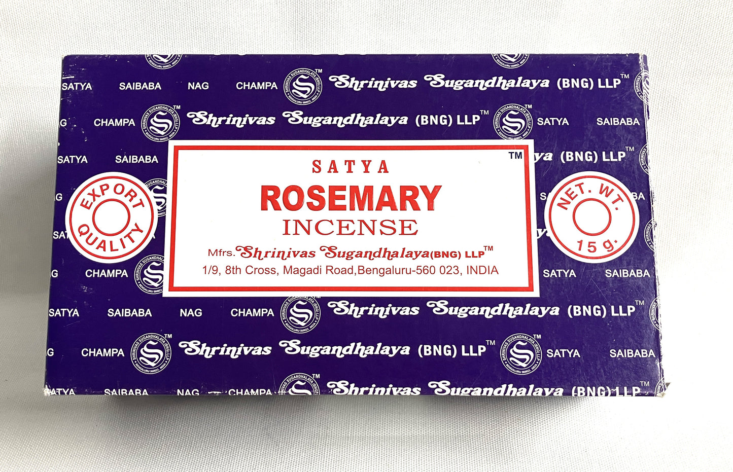 Box of Satya Rosemary Incense with branding on a white background