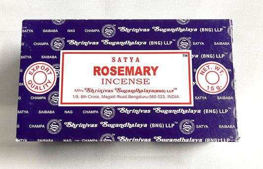 Box of Satya Rosemary Incense with branding on a white background