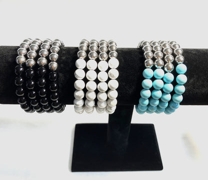 Handmade gemstone and stainless steel bead bracelet