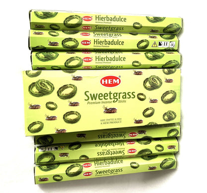Packaging of LEM Sweetgrass incense sticks on a white background