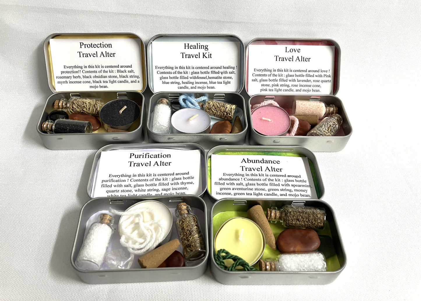 Collection of travel alters with labels on a white background