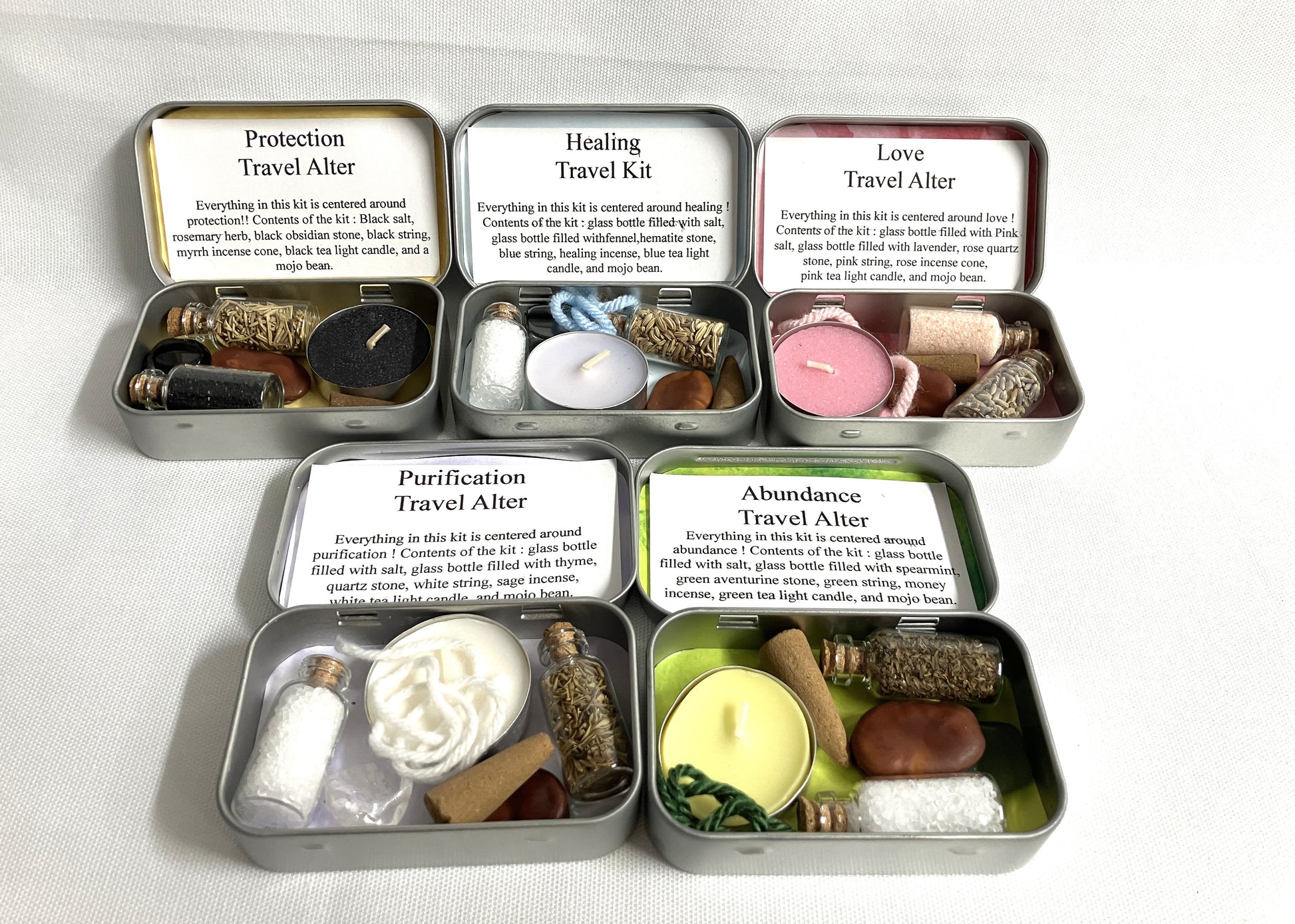 Collection of travel alters with labels on a white background