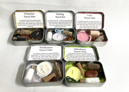 Collection of travel alters with labels on a white background