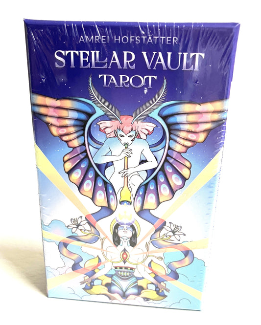 Stellar Vault Tarot card packaging with angelic design on a white background