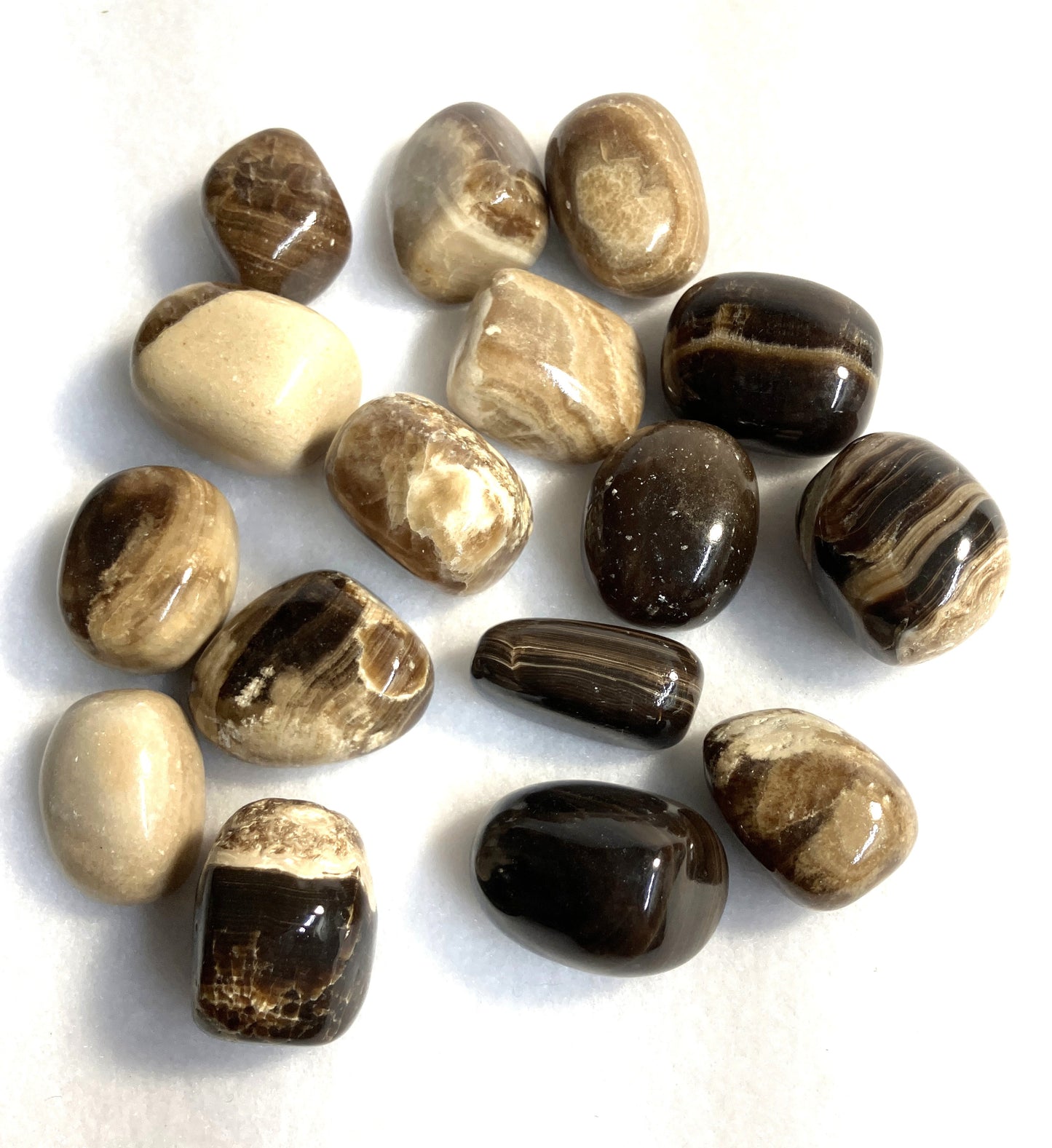 Assorted Coffee Calcite Crystals shown on a white background