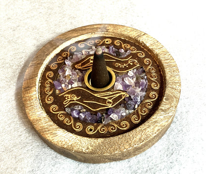 Decorative Mango wooden incense burner with hand design and Amethyst crystals shown with a cone incense burning