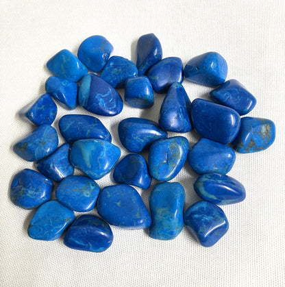 Back view Dyed Blue Howlite Crystals on a white fabric background