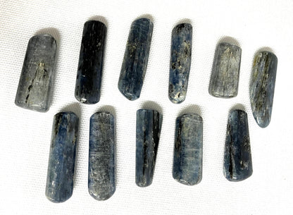 Row of Blue Kyanite Crystals on a white background