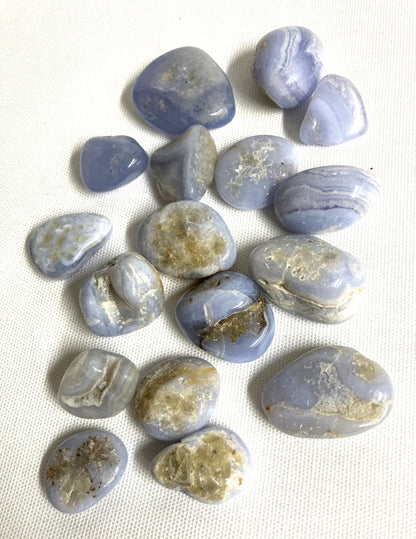 Front side of Blue Lace Agate Crystals on a white background