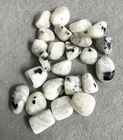 Front view of Rainbow Moonstone Crystals on a gray surface