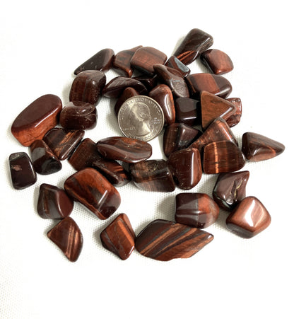 Red Tiger Eye crystals shown with a coin for size comparison.