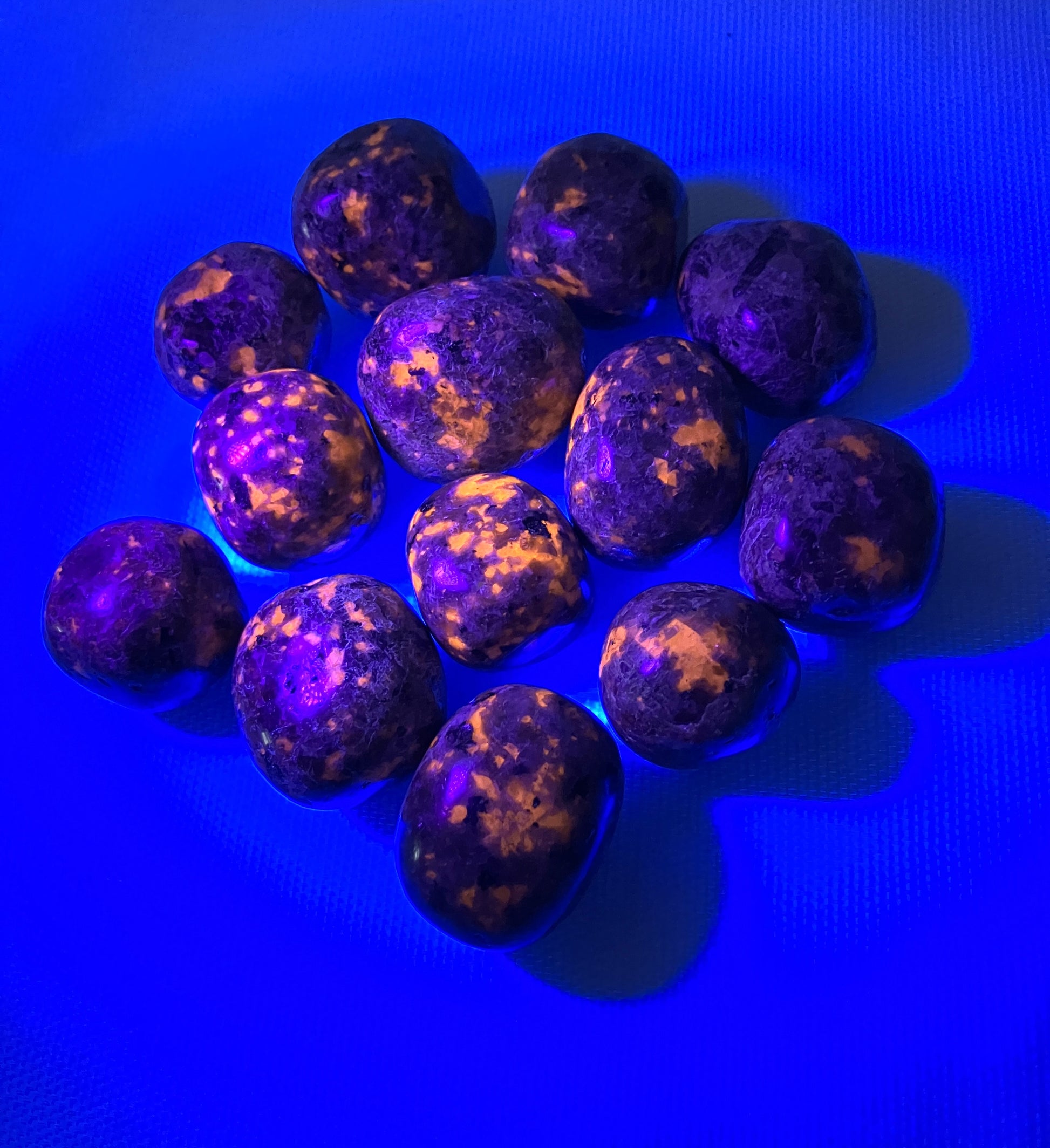 UV view of Flame Crystal AKA Yooperlite on a blue background