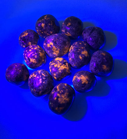 UV view of Flame Crystal AKA Yooperlite on a blue background