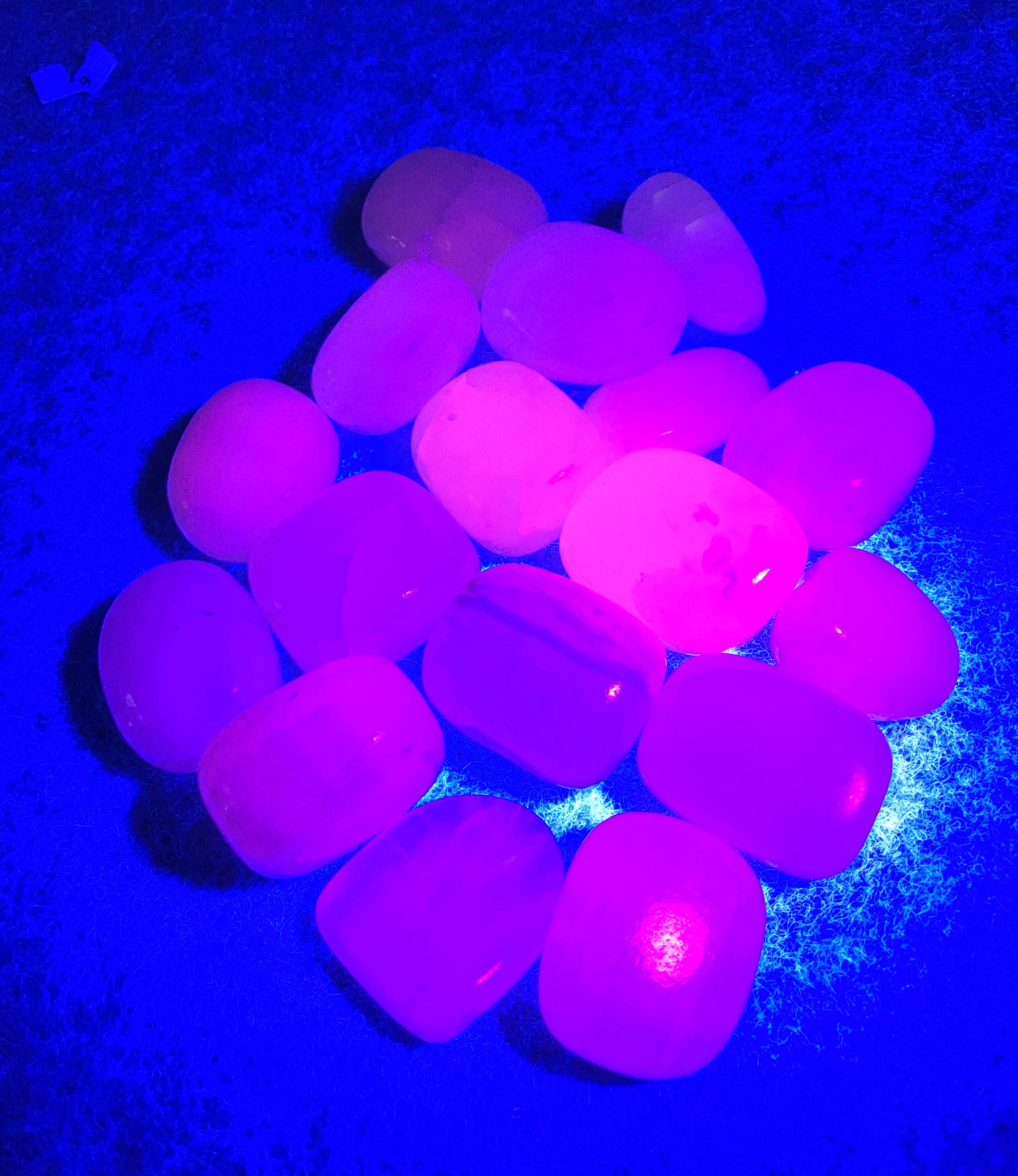 Group of Pink Calcite Crystals  on a blue textured background