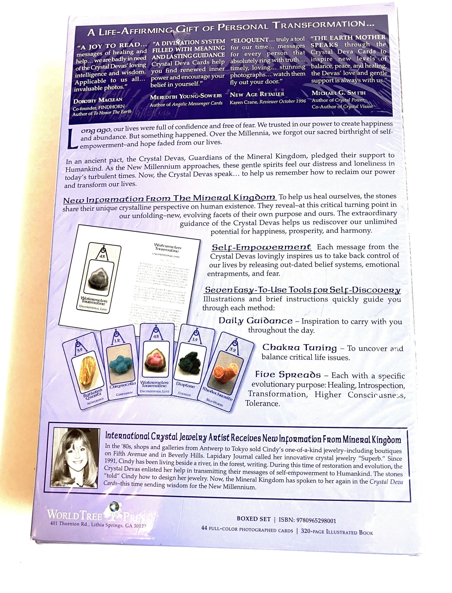 Back of the Crystal Deva Cards with text and images of crystals on a white background