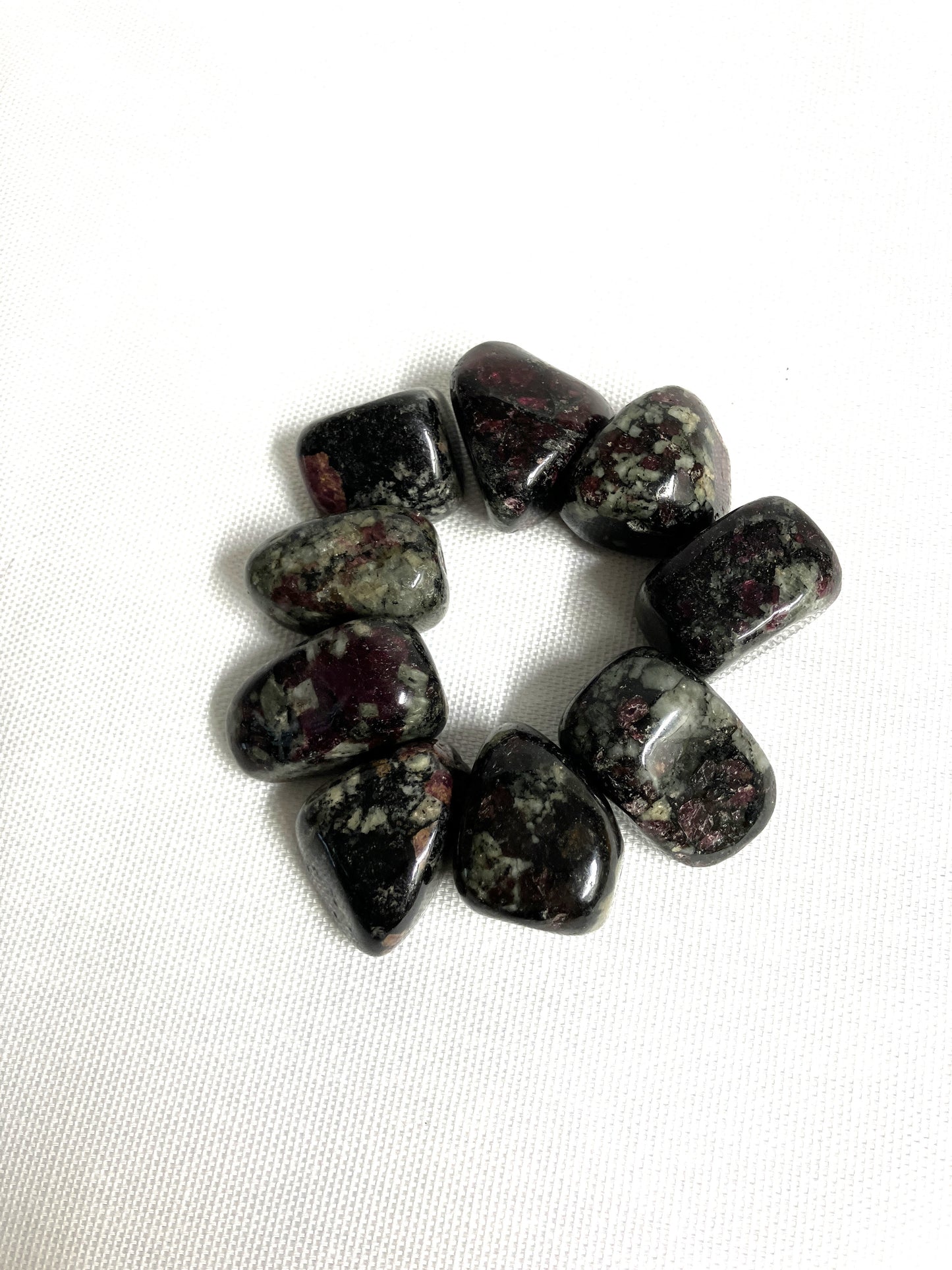 Eudialyte Tumbled Crystals arranged in a circle on a white background