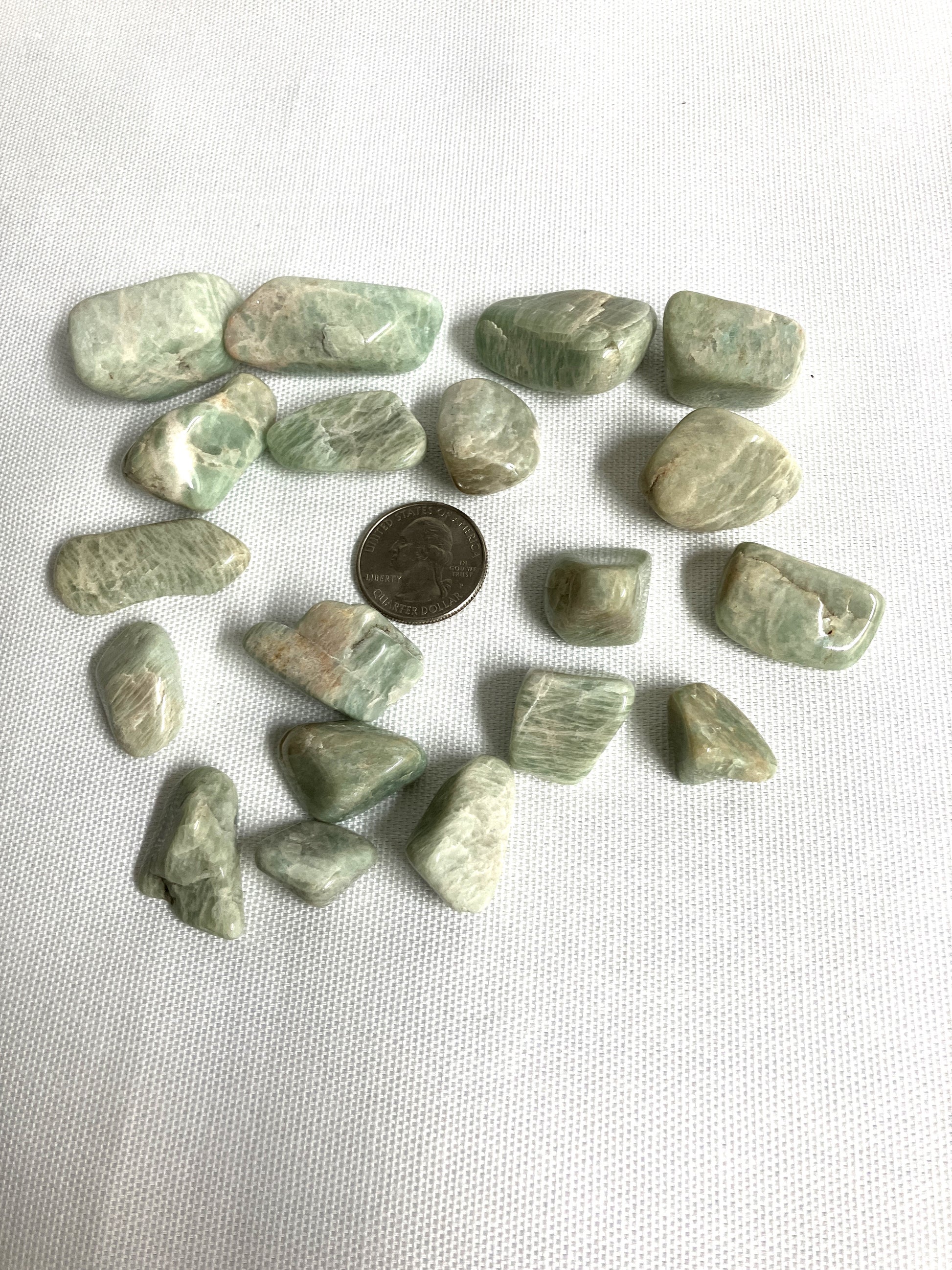 Tumbled Amazonite Crystals on a white background with a quarter for scale
