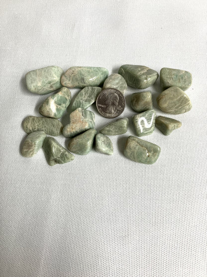Amazonite Crystals on a white fabric background with a quarter for scale
