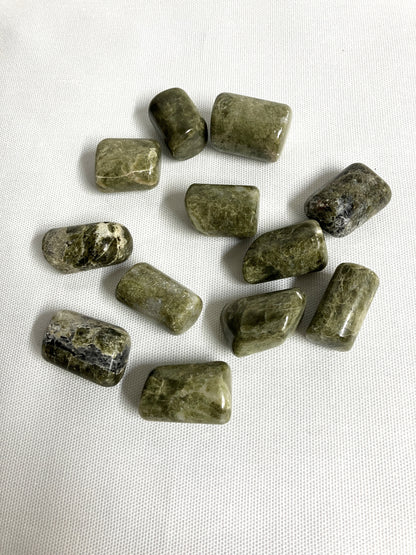 Back view of Vesuvianite Tumbled Crystals on a white fabric background