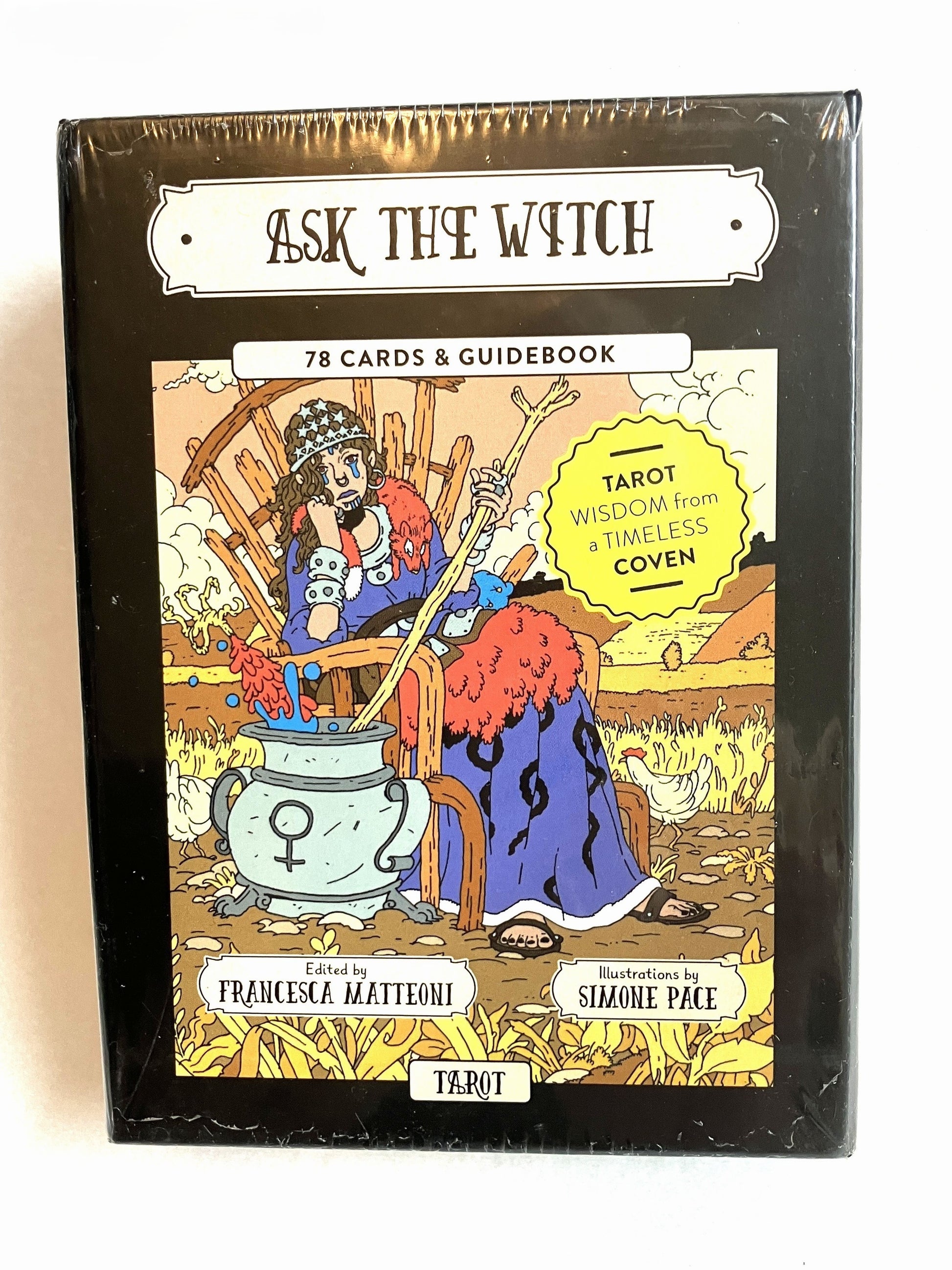 'Ask the Witch'. Tarot card deck with illustration of a witch and text 