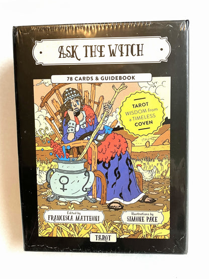 'Ask the Witch'. Tarot card deck with illustration of a witch and text 
