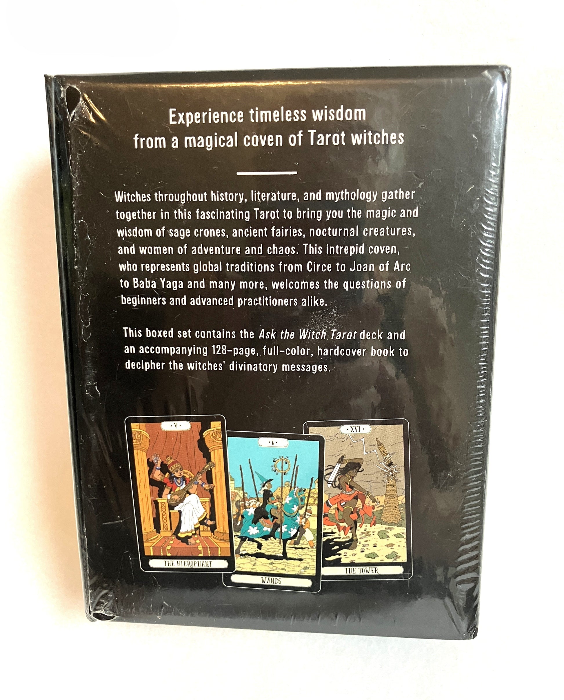 Back of Ask the Witch Tarot card packaging with text and images of cards.
