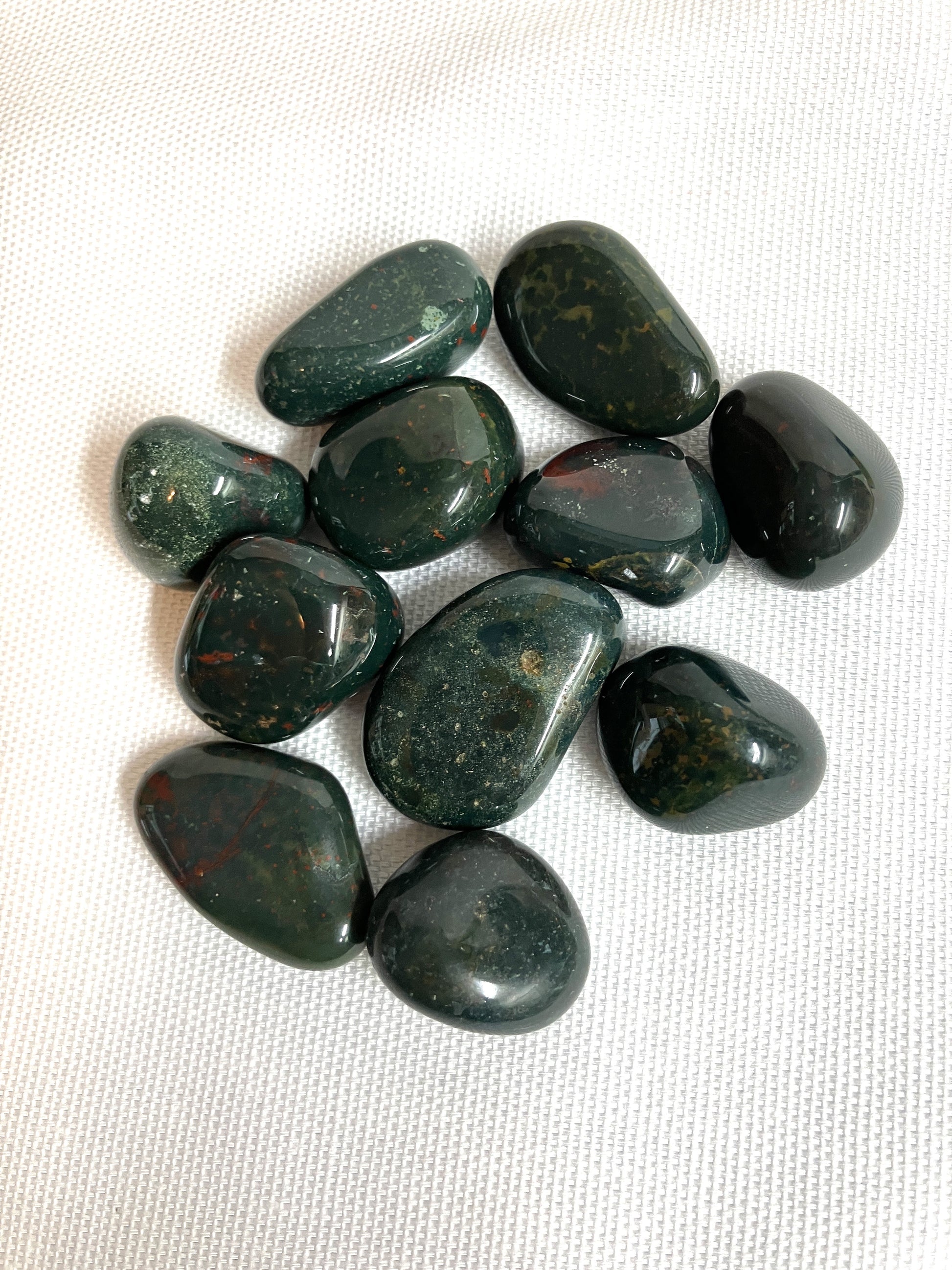 Group of Bloodstone Crystals showing the various differences between the crystals on a white fabric background