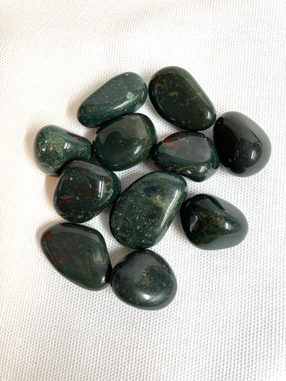 Group of Bloodstone Crystals showing the various differences between the crystals on a white fabric background