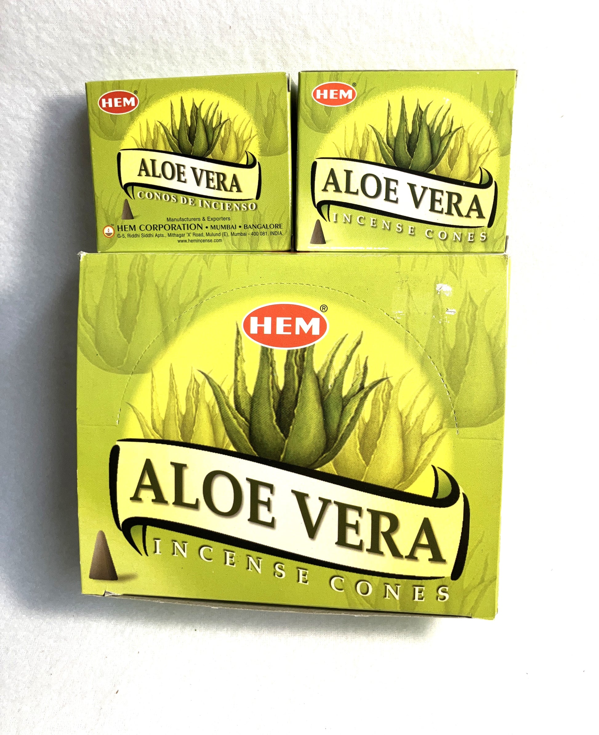 Box of HEM Aloe Vera Incense Cones shown on a white background
