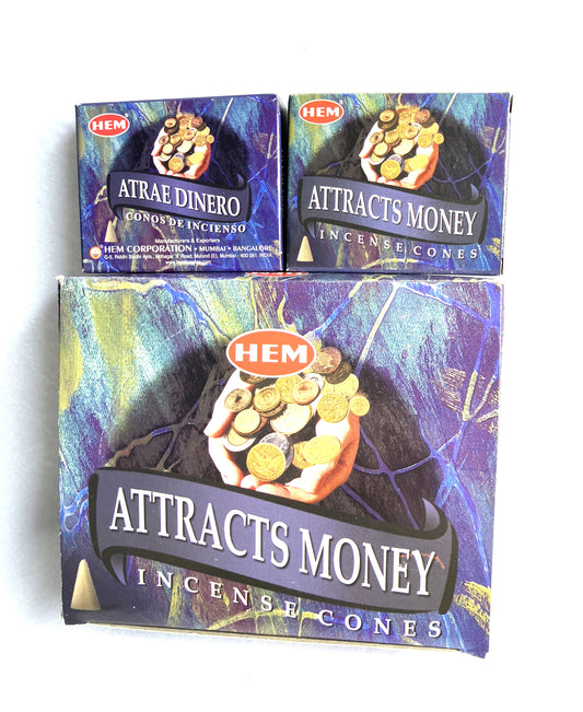 Master carton and two boxes of HEM Incense Cones labeled 'Attracts Money shown on a white background