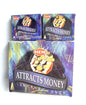 Master carton and two boxes of HEM Incense Cones labeled 'Attracts Money shown on a white background