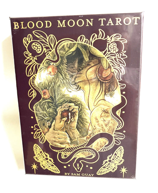 Cover of 'Blood Moon Tarot' by Sam Guay with intricate design and text.