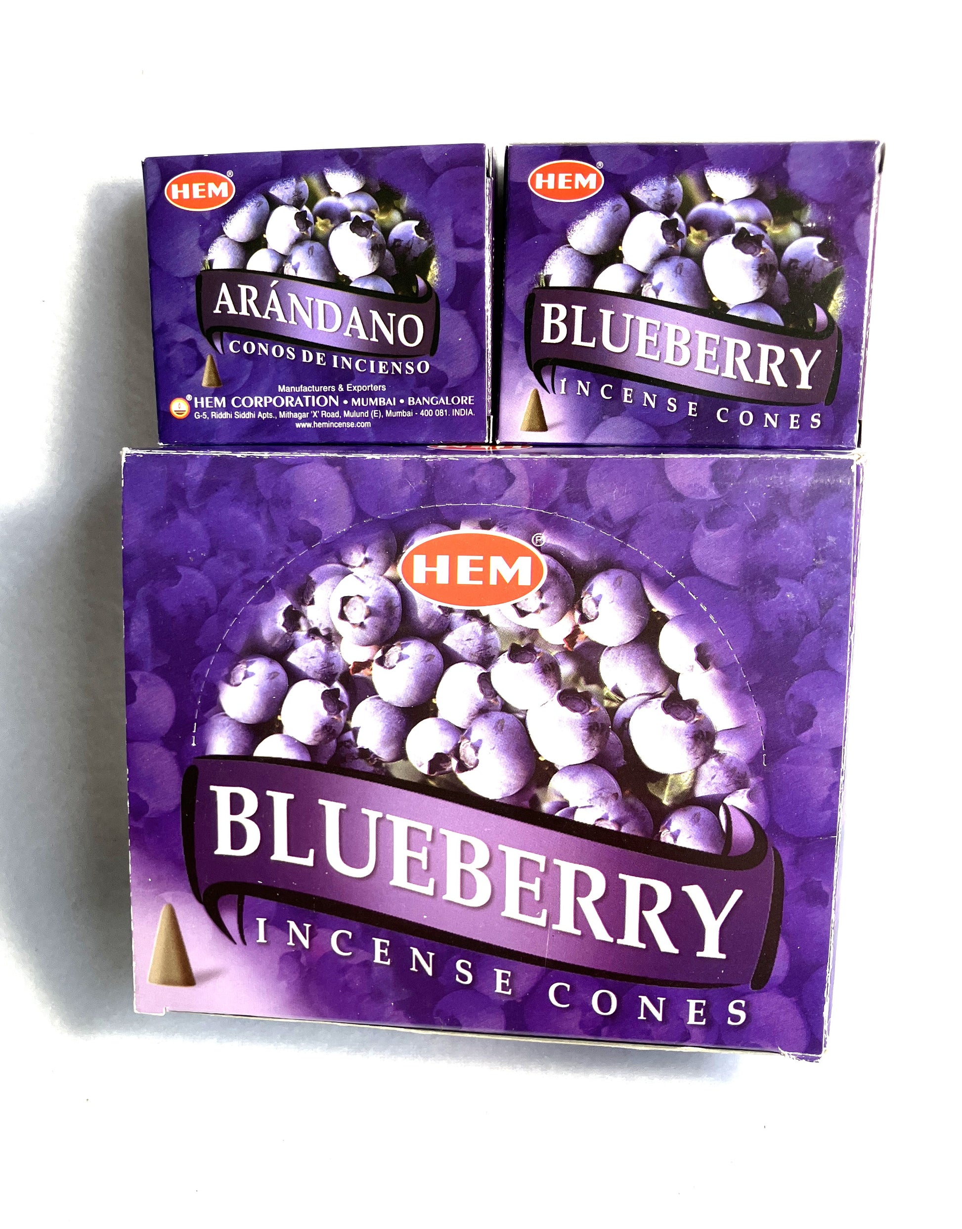  HEM Blueberry incense cone boxes  on a white background showing a master carton and 2 individual boxes of 10 cones
