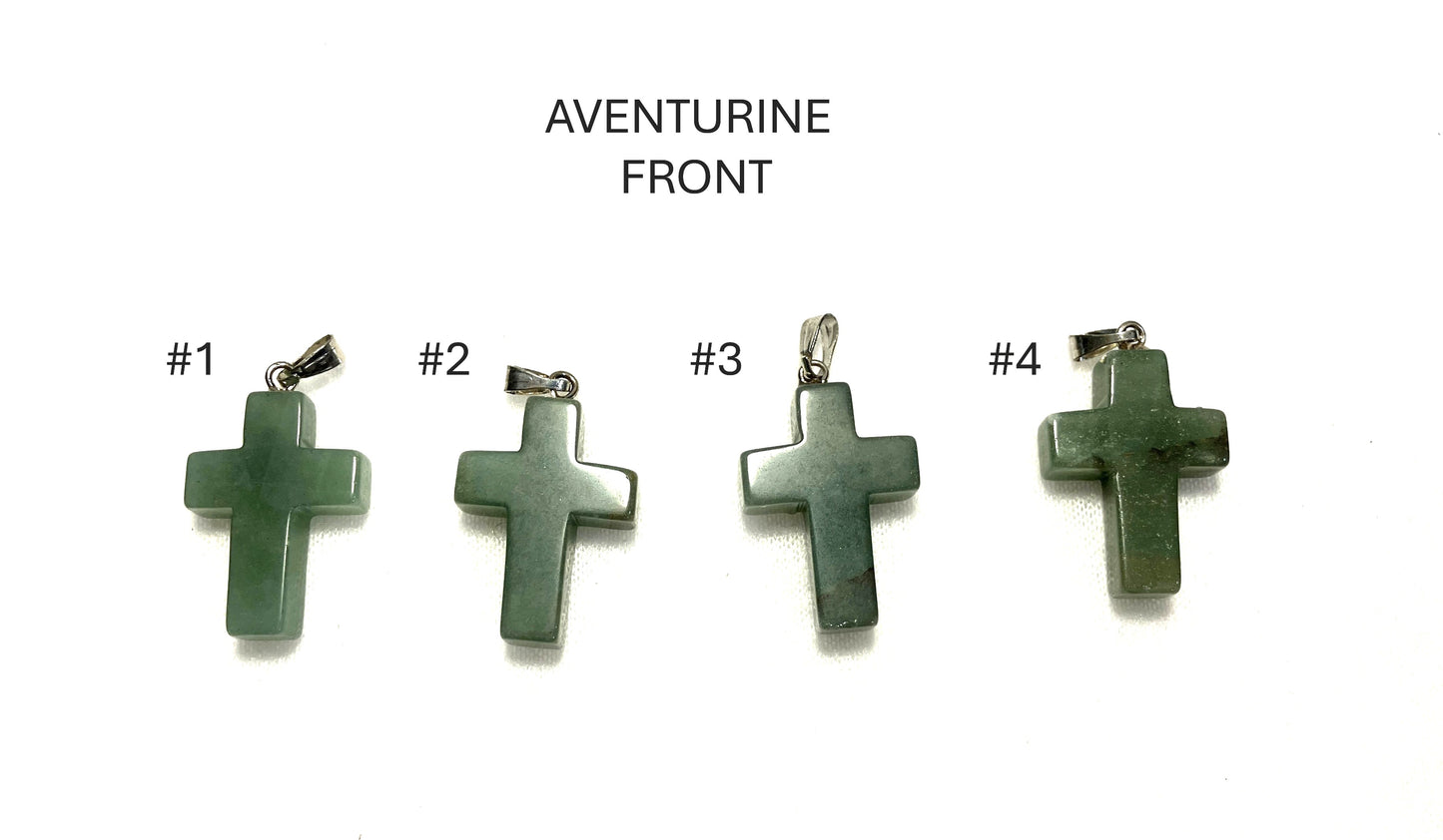 Four Green Aventurine Cross pendants labeled #1 to #4 shown on a white background.